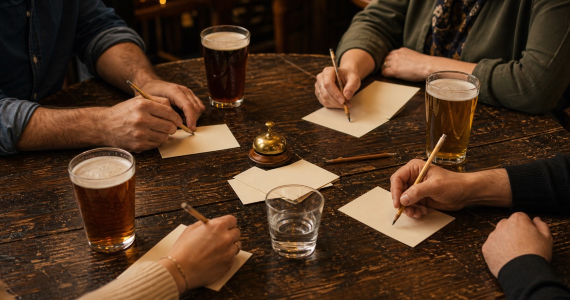 Friends writing answers at trivia night